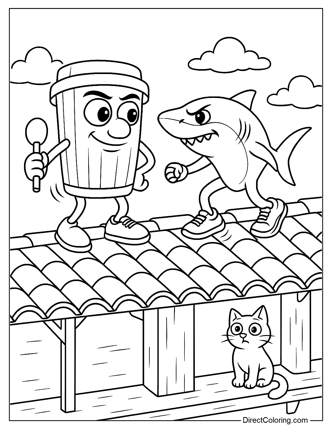 Coloring page Tralalero and Sahur stand together on an ancient tiled roof